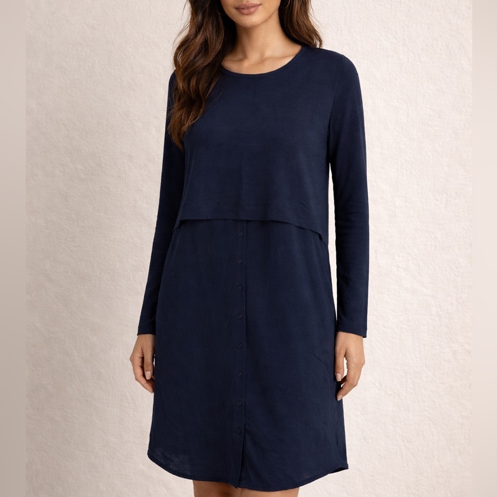 COS Wool Silk Crewneck Sweater Shirt Tail Dress Size M Navy Blue Work Office